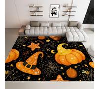 Générique Tapis de Décoration pour Toute la Famille et Entrée, Flanelle Lavable en Machine Antidérapant Hypoallergénique, 80 x 150 cm, Style Halloween Citrouille Festif, Orange et Noir
