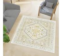 Générique Tapis de décoration,Tapis Vintage Gris Blanc, Style Shabby Chic, Motif Floral, Jaune, 130 x 130 cm, Tapis Poils Ras Decoratif pour Fauteuil Pouf Salon Moderne Chambre Adulte ou Ado