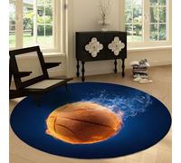 Générique Tapis de Rond Poils Ras 120 cm, Sports Basket-Ball Éléments Eau Et Feu Impression Salon Couloir Chambre Décor Tapis Rond Antidérapant Lavable Rendu 3D pour Coucher Bureau