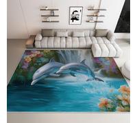 Générique Tapis de Salle à Manger Moderne Dauphin 120 x 170 cm, Lavable en Machine Antidérapant et Doux Poils Courts, Tropical Île Nature Fleur Moquette Décorative Poils Ras Facile à Entretenir Bleu