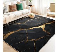 Générique Tapis de Salon 120 x 180 cm Style raffiné marbre minimalisme, Tapis en Flanelle Imprimé Lavable, Dossier Antidérapant pour Chambre et Séjour, Poil Court Or Noir
