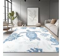 Générique Tapis de Salon Bleu Clair 160 x 230 cm - Motif Tortue Hippocampe Corail - Tapis Lavable à Poil Court antidérapant Doux pour Salon, Chambre, Salle à Manger, Chambre d’Adulte