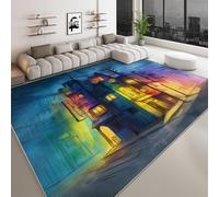 Générique Tapis de Salon Lavable 140 x 200 cm Bleu Nuit, Tapis antidérapant Anime néon Rue Architecture pour Chambre - Coureur imprimé à Poils Courts pour Salle à Manger Bureau Salle de Jeux