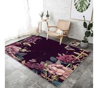 Générique Tapis de Salon Lavable en Machine 120x180 cm - Faible Poil Entretien Facile Antidérapant avec Bordure Vintage Papillons Fleurs Imprimé Tapis Chambre pour Chambre d'enfant Le Bureau, Violet