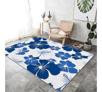 Générique Tapis de Salon Lavable en Machine 50x80 cm - Faible Poil Entretien Facile Antidérapant avec Élégant Hibiscus Imprimé Tapis Chambre pour Chambre d'enfant Le Bureau, Bleu Blanc