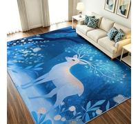 Générique Tapis de Salon Lavable en Machine 60 x 90 cm Fantaisie Forêt Moquette Antidérapant à Poils Courts, Animaux Cerf Fleurs Plantes - Tapis d'entrée Poils Ras pour Chambre et Cuisine, Bleu