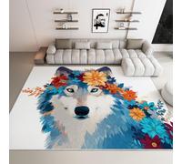 Générique Tapis de Salon Manga Animal Loup Floral - Grand Tapis Lavable Super Doux et Antidérapant, Moquette Poil Ras Chambre, pour Manger, l'entrée et la Cuisine, 60x90 cm, Blanc