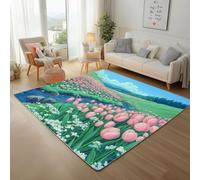 Générique Tapis de Salon Moderne Fleurs et RivièRe Rural Rectangulaire Carpet Lavable en Machine Paysage De Jungle Vert Poils Ras Descente de Lit Doux et Antidérapant Tapis D'entrée 60x110cm