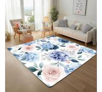Générique Tapis de Salon Moderne Plantes Naturel et Hortensias Rectangulaire Carpet Lavable en Machine Fleurs Bleues Poils Ras Descente de Lit Doux et Antidérapant Tapis D'entrée 60x110cm