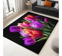 Générique Tapis de Salon Plantes Tulipes 120 x 180 cm Poil Court Moderne Chambre Enfant Adulte Tapis, Noir Doux Lavable Antidérapant Moquette, pour Entrée, Cuisine, Couloir