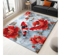 Générique Tapis de Salon Poils Ras, Moderne Gris Tapis de Couloir, Chambre Décor Tapis Antidérapant, Style Oriental Fleurs Animaux Poissons Rouges 3D pour Coucher Bureau Hôtel 60 x 90 cm