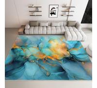 Générique Tapis de Salon pour Adultes et Séjour, Flanelle Lavable en Machine Antidérapant Hypoallergénique, 60 x 90 cm, Style Marbre Fluide de Luxe, Turquoise et Or