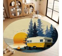 Générique Tapis de Salon Rond Affiche Vintage Caravane Pins 100 cm Poil Court Tapis Rond, Moderne Chambre Enfant Adulte Jaune Doux Lavable Antidérapant Moquette Ronds pour Entrée Cuisine Couloir