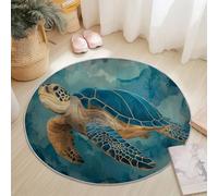 Générique Tapis de Salon Rond, Imprimé Art Rural Tortue Tapis Antidérapant Doux pour Salle à Manger Chambre Canapé Cuisine ou Salle de Jeux 120 cm, Bleu-Brun