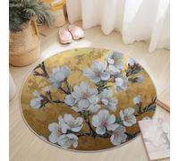 Générique Tapis de Salon Rond, Imprimé Floral Fleurs D'Amandier Tapis Antidérapant Doux pour Salle à Manger Chambre Canapé Cuisine ou Salle de Jeux 100 cm, Blanc Or