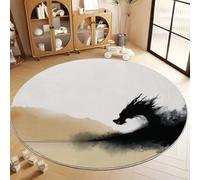 Générique Tapis de Salon Rond Peinture À L’Encre Dragon Noir 60 cm Poil Court Tapis Rond, Moderne Chambre Enfant Adulte Beige Doux Lavable Antidérapant Moquette Ronds pour Entrée Cuisine Couloir