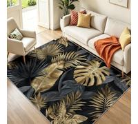 Générique Tapis de Salon Style Arts Décoratifs Plantes Feuilles, AntidéRapant et Doux, Chambre Lavable en Machine, Tapis De Chambre Salle à Manger Decoration,Noir Et Or, 80 x 150 cm