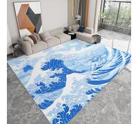 Générique Tapis de Salon Style Hokusai Vagues 140 x 200 cm Poil Court Tapis, Moderne Chambre Enfant Adulte Bleu Doux Lavable Antidérapant Moquette pour Entrée Cuisine Couloir