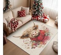 Générique Tapis de Salon Vache Highland 100x150cm, Animaux Mignon Noël Tapis Antidérapant à Poils Ras Lavable en Machine Rectangulaire pour Chambre Cuisine Bureau QAZ30