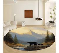 Générique Tapis de Surface Ronde Iavable Vert, Montagnes Cascade Animal Ours Tapis Poils Courts Antidérapant Diamètre 180 cm pour Salon Chambre à Coucher Cuisine Décoration Intérieure
