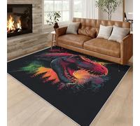 Générique Tapis Dinosaure Ancien 100 x 150 cm, Grand Tapis Décoration Salon Chambre, Motif Tyrannosaure Rex, Antidérapant Lavable Doux à Poils Ras, Rouge Vert Noir O-fd4