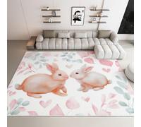 Générique Tapis Enfant pour Bébé et Nurserie, Flanelle Lavable en Machine Antidérapant Hypoallergénique, 60 x 90 cm, Style Lapins Mignons Dessin Animé, Blanc et Rose
