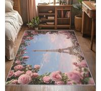 Générique Tapis Entree Interieur Rose Fleur 60 x 90 cm, Lavable Petit Tapis Tour Eiffel, Poils Antidérapant Poils Ras Doux Moquette pour Paillasson Exterieur Entree P-&110