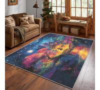 Générique Tapis Fille Grimoire Lavable 150x200, Tapis Salon Chambre, Motif Ville Gratte Ciel Arbre Rivière Lune étoile, Antidérapant, Poil Court, Doux, Decoration Maison