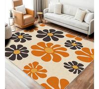 Générique Tapis Fleur Rétro Années 70, Grand Tapis de Chambre Salon, Motif Boho Marguerite, 200x300, Antidérapant, Lavable, Doux, Poil Ras, Decoration Maison A4766