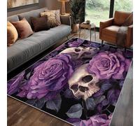 Générique Tapis Gothique Salon 120x170 cm Motif Tête De Mort Violet Roses, Tapis Lavable Antidérapant Doux Poil Court, Decoration Chambre Descente De Lit Carpet, j1d6177