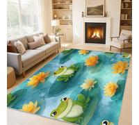 Générique Tapis Grenouille Mignon 80 x 150 cm, Grand Tapis Décoration Salon Chambre, Motif Animaux de Dessins Animés Fleur, Antidérapant Lavable Doux à Poils Ras, Jaune Vert O-fd12