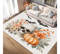 Générique Tapis Halloween, Grand Tapis de Chambre Salon, Motif Crâne Citrouille Floral Chauves-Souris, 160x200, Antidérapant, Lavable, Doux, Poil Ras, Decoration Maison A1166