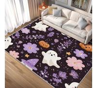 Générique Tapis Halloween, Tapis Carré de Chambre Salon, Motif Mignon Fantôme Fleur, 100x100, Antidérapant, Lavable, Doux, Poil Ras, Decoration Maison A2049