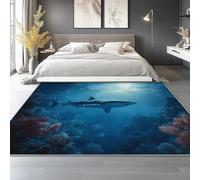 Générique Tapis Impression pour Salon 140x200 cm - Bleu Lavables avec Dos Antidérapant, Monde sous-Marin Requin Corail Tapis à Poils Courts pour Cuisine Salle à Manger l'entrée Bureau et Chambre