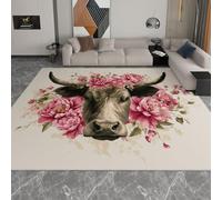 Générique Tapis Imprimé Animaux Fleurs Vache Highland Runner Doux à Poils Courts Style Dessiné À La Main, Antibactérien Antidérapant Tapis de Cuisine pour Salon Chambre Bureau Decoration 140 x 200 cm