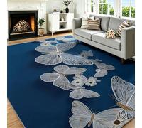 Générique Tapis Lavable 60 x 90 cm 3D Moderne - à Poils Ras et Antidérapant, Luxe Papillon Fleurs pour Descente de Lit, Entrée, Chambre Bureau - Bleu