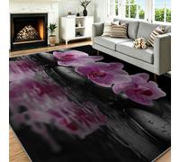 Générique Tapis Lavable 60 x 90 cm Oriental - à Poils Ras et Antidérapant, Galets Fleurs Pêcher pour Descente de Lit, Entrée, Chambre Bureau - Noir