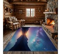 Générique Tapis Lavable antidérapant Éléments naturels 120 × 170 cm Bleu | toucher doux, adapté pour salon, chambre,Nature montagnes ciel étoilé style décoratif pensé pour un usage quotidien
