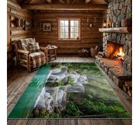 Générique Tapis Lavable antidérapant Éléments naturels 60 × 120 cm Vert | toucher doux, adapté pour salon, chambre,Nature cascade forêt style décoratif pensé pour un usage quotidien
