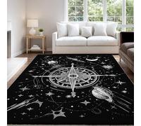 Générique Tapis Lavable antidérapant Rêveur Sombre Art Mystérieux Noir Blanc Corps Céleste Compas, 160 x 230 cm Tapis Moquette de Chambre à Poils Ras, Paillasson Intérieur pour Chambre d’Adolescent