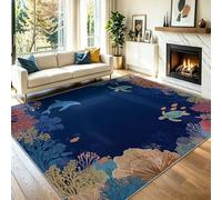 Générique Tapis Lavable en Machine, 160 x 230 cm Océan Corail Tortue Imprimé Tapis Salon Chambre, Tapise Chambre Intérieur, Doux Antidérapant, Poil Court, Adapté à l'aspirateur, Bleu Foncé