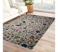 Générique Tapis Lavable Les Oiseaux Bleus fleurissent Grand Format, avec Envers antidérapant et Bordures résistantes, pour Salon, Chambre et Salle à Manger(Couleur Beige)-210x300cm