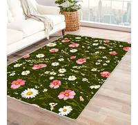 Générique Tapis Lavable Petites Fleurs de Style Naturel Grand Format, avec Envers antidérapant et Bordures résistantes, pour Salon, Chambre et Salle à Manger(Vert)-60x90cm