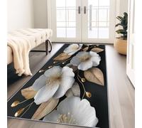 Générique Tapis Long de Salon Entrée Fleurs De Luxe Modernes 80 x 200 cm Tapis Interieur Chambre Couloir Cuisine Paillasson Antidérapant Blanc Or à Poils Ras Lavable en Machine