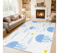 Générique Tapis Méduse Mignon 160 x 230 cm, Grand Tapis Décoration Salon Chambre, Motif Animaux Marins de Dessins Animés Enfants, Antidérapant Lavable Doux à Poils Ras, Bleu Blanc O-fd12