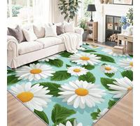 Générique Tapis Motif Fleurs 3D Marguerites Blanches - 60 x 90 cm Antidérapant Doux d'intérieur Tapis à Poil Ras pour Salon Chambre Salle de Jeux - Bleu Clair Lavable en Machine Moquette