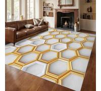 Générique Tapis Nid d'abeille Blanc Or, Grand Tapis Salon 120x120 Rayon de Miel Géométrie 3D Carpette Chambre, Flanelle Poil Ras Moelleux - Antidérapa Lavable en Machine H-98