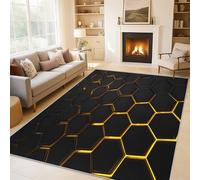 Générique Tapis Nid d'abeille Noir Or, Grand Tapis Salon 240x340 Géométrie Rayon de Miel Carpette Chambre, Flanelle Poil Ras Moelleux - Antidérapa Lavable en Machine H-64