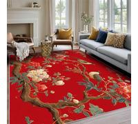 Générique Tapis Oiseaux et Fleurs, Tapis Salon Motif Rouge Chinois 140x200 cm, Pile Courte, Antidérapant, pour Carpette Chambre, Descente de Lit, Lavable Interieur, Decoration Maison A(1877)