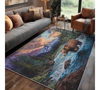 Générique Tapis Ours Salon 120x170 cm Motif Forêt Rivière Arbre Montagne, Tapis Lavable Antidérapant Doux Poil Court, Decoration Chambre Descente De Lit Carpet,j1d485